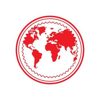 Red outline illustration of a world map inside a circular seal on white background globe vector