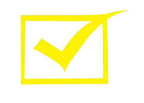 Bright yellow check mark inside a square box on a white background signifying agreement approval and completion with a positive and con vector