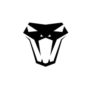 Aggressive, geometric black silhouette of a snake or viper head with a wide-open jaw and sharp fangs. This fierce, modern icon symbolizes danger, precision, and power. vector