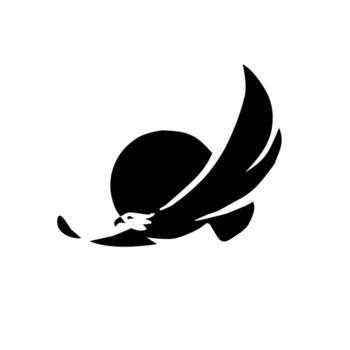 Dynamic black silhouette of a falcon or eagle in powerful flight against a circular shape. A sleek, abstract design symbolizing speed, freedom, power, and vision. vector