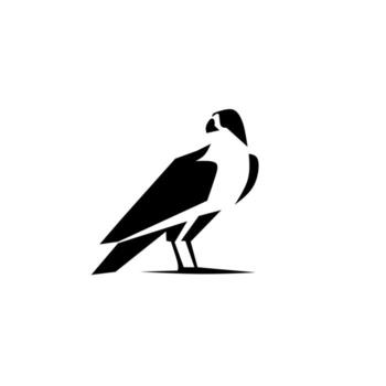 minimalist black and white silhouette of a falcon or hawk standing, featuring sharp, geometric lines that convey alertness, precision, and a commanding presence. Perfect for security, financial. vector