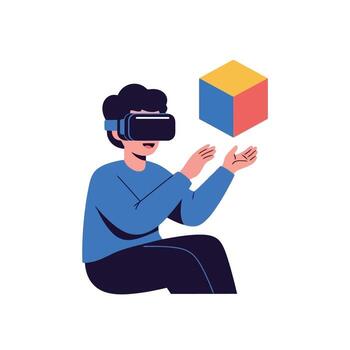 Virtual Reality Man Using VR Headset with 3D Cube, explore vector
