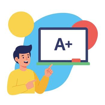 Grade Education Student Presentation, Excellent Result, pointing vector