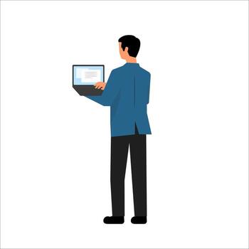 Professional businessman standing and using a laptop, demonstrating digital product or software interface, back view with screen visible, business and technology concept illustration vector