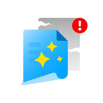 illustration of damaged document with exclamation mark and new file. update document, refresh data, fix corrupted file, or replace old version. Flat design concept for software or data management vector