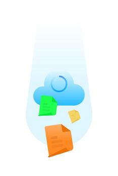 illustration of cloud data recovery process with circular loading loop and falling document sheets. cloud backup, data synchronization, loading files, or restoring information from online storage vector