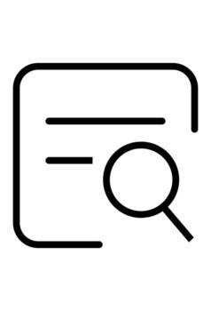 Document outline with a magnifying glass to the left. File search icon for document examination or review. Line art symbol for investigation and data finding. vector