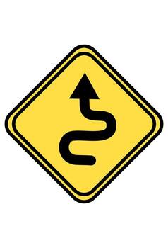 Winding road ahead multiple curves warning sign. Series of dangerous curves traffic caution symbol. Road hazard alert for continuous sharp bends. vector