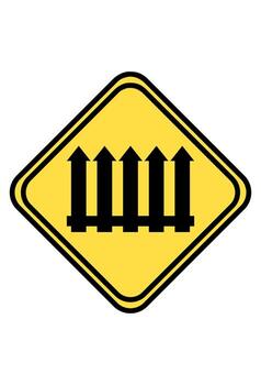 Level crossing with barrier gates warning sign. Guarded railway crossing traffic caution symbol. Train tracks with automated gates ahead alert. vector