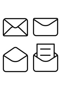 Four different outline icons representing mail and letters. Collection of four simple line art envelope symbols. Messaging icons showing open and closed mail. vector