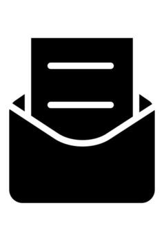 Solid black open envelope icon with a document inside. Filled icon of received mail or an incoming letter. Dark silhouette of an envelope showing a message. vector