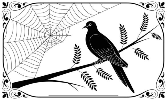 Black silhouette of a dove perched on a branch with leaves near a spider web within an ornate border vector