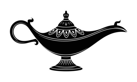 Black silhouette of an ornate antique magic lamp with decorative patterns and a curved handle on a white background vector