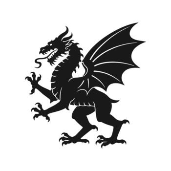 Black silhouette of a mythical dragon with outstretched wings and sharp claws on a white background mythical creature vector