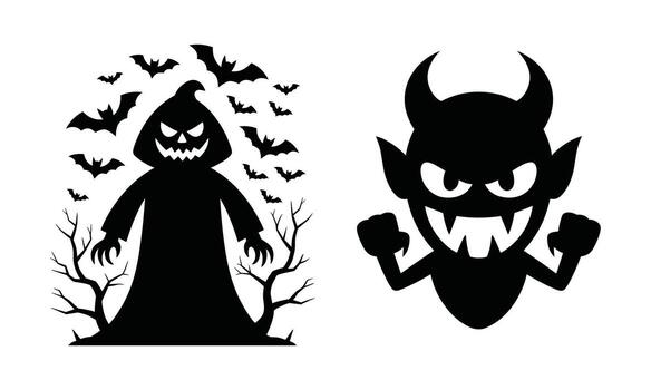 Black silhouette of a grim reaper figure with bats and bare trees next to a small devil character with horns vector