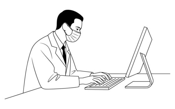 hombre en médico máscara vistiendo laboratorio Saco y Corbata mecanografía en computadora teclado a escritorio persona masculino vector