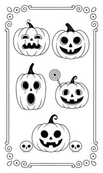 Five black and white cartoon jack o lanterns with different facial expressions and two small skulls on a white background with a decorative border vector