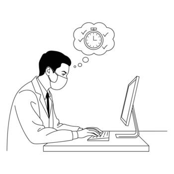 hombre vistiendo cara máscara mecanografía en computadora con cronógrafo y marcas de verificación en pensamiento burbuja persona teclado vector