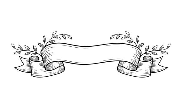 Black and white hand drawn banner with leaves and scrollwork on white background ribbon branches vector
