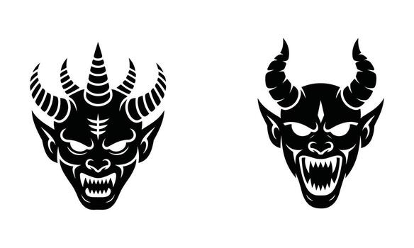 Two Stylized Black And White Demon Faces With Sharp Teeth And Multiple Horns devil head vector