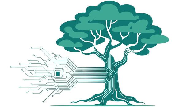 Teal green abstract tree with circuit board roots and branches on white background illustration vector