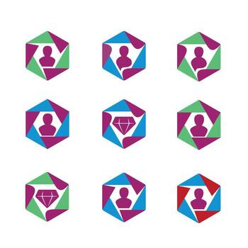 Hexagonal Frame with People inside icon design set vector