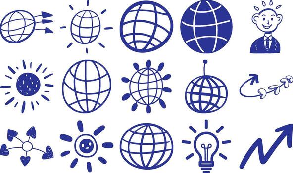 Dynamic doodle collection showcasing global business, innovation, and progress vector