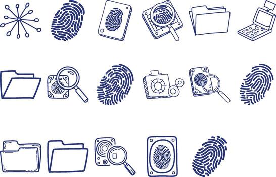 Data forensics investigation, digital security and digital identity investigation icons vector