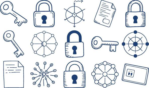 Unlock your potential with a sketch of locks, keys, documents and network connections vector