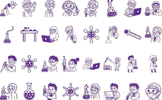 científicos trabajando en Ciencias experimentos con vasos de precipitados y prueba tubos en un laboratorio ajuste vector