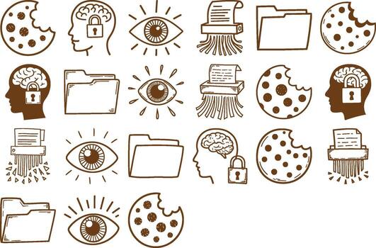 Data privacy security doodle seamless pattern featuring cookies, eyes and paper shredders vector