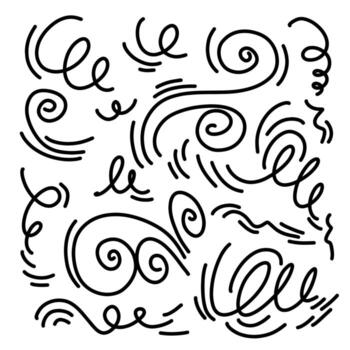 Doodle wind line sketch set. Hand drawn doodle wind movement, air blowing, vortex elements. Sketch of air blowing movement, abstract lines. EPS 10 vector