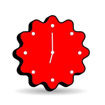 Red clock badge with scalloped edge and white hands pointing to twelve, perfect for time management, punctuality, scheduling, and digital interface design. vector