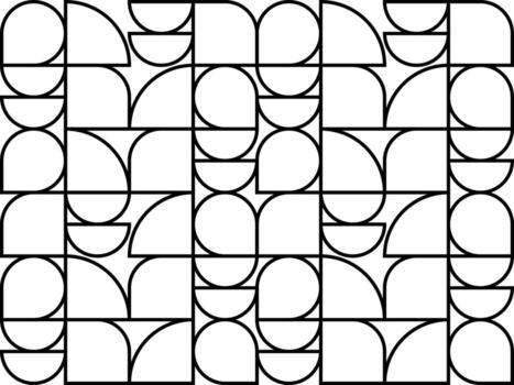 Black geometric pattern with quarter circles and rectangles in grid layout, ideal for modern backgrounds, packaging, branding, or abstract design themes. vector