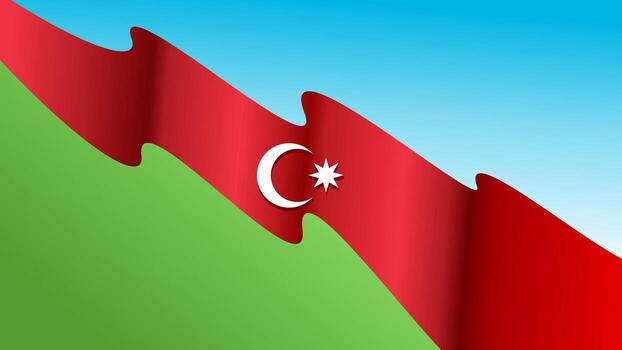 Modern Azerbaijan flag design with flowing red band, crescent, and star over green and blue background, ideal for cultural content, unity themes, and patriotic visuals. vector