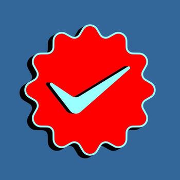 Red badge with light blue check mark and wavy border on blue background, ideal for approval, success status, certification, and digital interface design vector