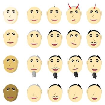 Cartoon style grid of diverse faces with unique features and expressions, ideal for character design, emotion studies, avatar sets, and playful creative content. vector