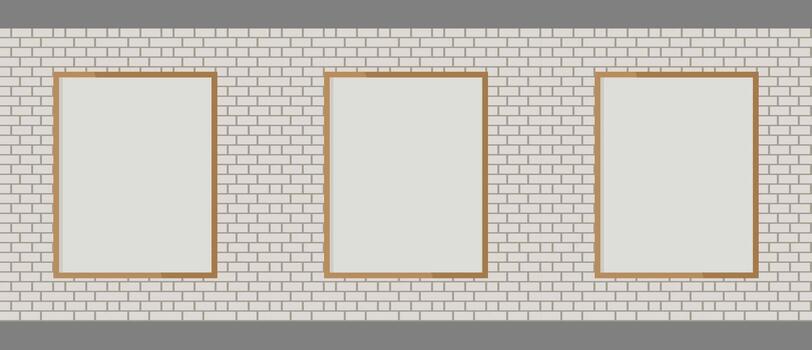 Three blank window frames on white brick wall with copy space, ideal for showcasing posters, branding, or interior design mockups in clean layouts. vector
