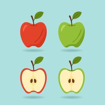 Set of red and green apples with whole and sliced views on blue background, perfect for food themes, nutrition content, and educational design projects. vector