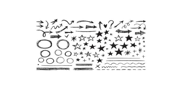 Print Sketch style symbols and icons collection arrows circles stars and lines set vector
