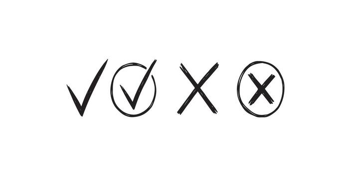 Print Hand drawn check mark and cross doodle icons set simple sketch style on white background vector