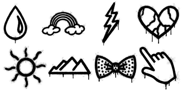negro y blanco rociar pintar pintada íconos conjunto con goteo efecto incluso gota de agua arco iris con nubes relámpago tornillo roto corazón Dom montañas arco Corbata y mano puntero vector