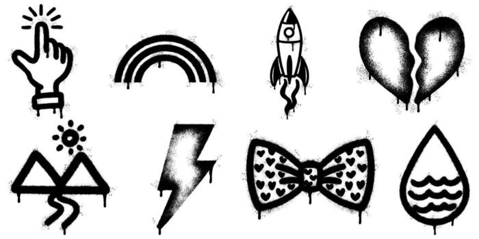 Urban graffiti spray icons set with black stencil style Includes rocket rainbow heart lightning mountain bow tie drop and hand pointer with dripping paint texture vector