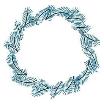 Blue pine branch wreath in minimal style forming a circular frame with empty center. Represents natural winter design and holiday decoration concept vector