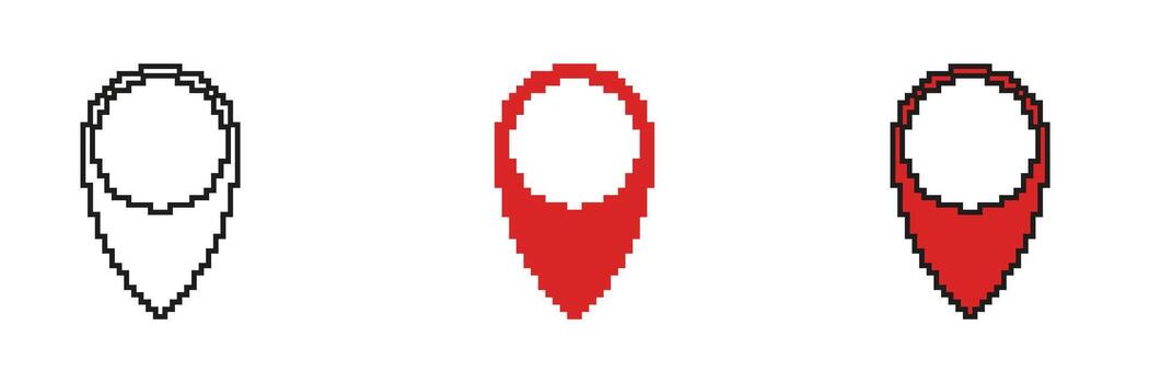 Pixel Art Map Pin Icon Set. Location Marker, Navigation, And Gps Positioning Symbol Collection. Geolocation And Mapping Tool. Isolated Illustration vector