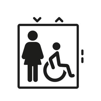 Elevator With Female And Wheelchair User Solid Icon. Accessibility And Inclusivity In Public Spaces Silhouette Symbol. Universal Design And Mobility Support. Isolated Illustration vector