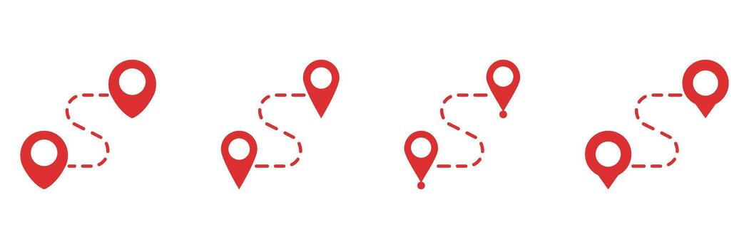 Red Location Pin With Dotted Path Solid Icon Set. Navigation, Route Planning, And Gps Tracking Silhouette Symbol Collection. Travel And Directional Guidance. Isolated Illustration vector