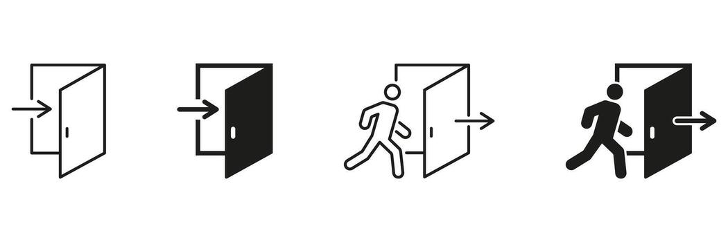 Open Door With Arrow And Person Icon Set. Entry And Exit Direction, Movement, And Navigation Outline And Silhouette Symbol Collection. Pathway Guidance. Isolated Illustration vector