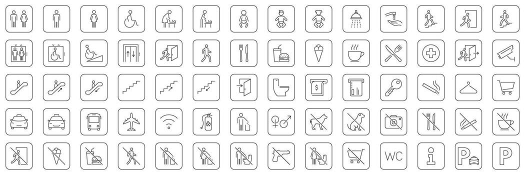 Public Facility And Service Icons Collection. Comprehensive Sign For Navigation, Accessibility and Amenities In Public Spaces. Editable Stroke. Isolated Illustration vector