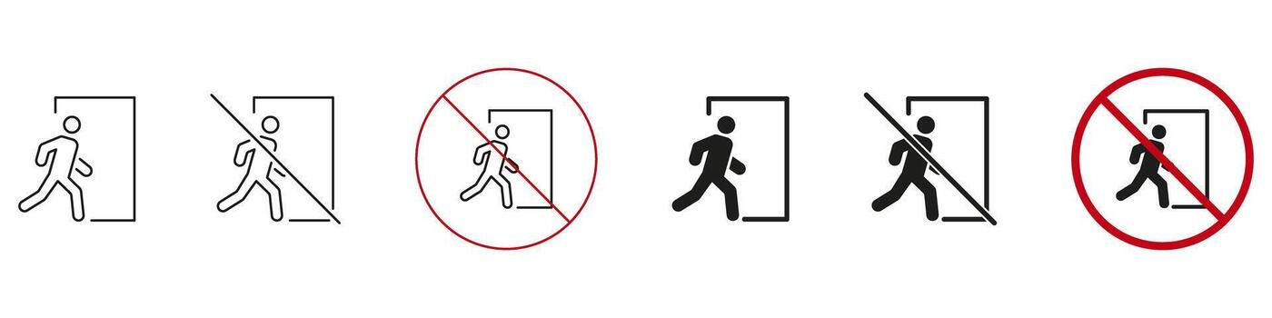 Emergency Exit And No Entry Sign Icon Set. Safety And Access Control Symbol Collection. Includes Walking Figure With Door And Prohibition Signs. Isolated Illustration vector